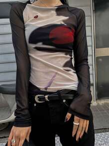 DAZY 女士拼色不对称印花透视网眼上衣外出上衣夏季长袖女上衣 - 彩色 - 查看 10