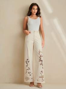 Anewsta Women's Elegant Embroidered Lace Hollow Out White Straight Leg Jeans, Suitable For Valentine's Day, Women's Day, Mother's Day - Mustard Yellow - View 4