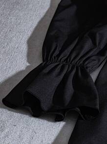 Franclia 女士纯色圆领长袖优雅连体裤，适合大学秋季穿着。 - 黑色 - 查看 5