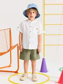 SHEIN Young Boy Simple Casual Comfortable Collared Shirt & Pants Set - Olive Green - View 3