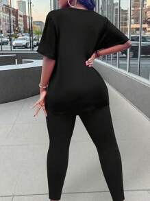 Maweii 2 件套加大码字母与心形印花圆领短袖上衣和长裤 - 黑色 - 查看 2