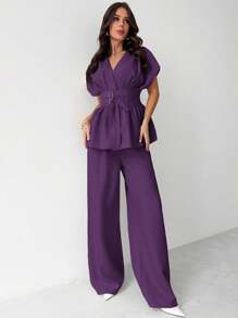 SHEIN Privé Bộ 2 món áo khoác cardigan cổ chữ V bằng sợi tre thanh lịch cỡ lớn và quần ống rộng ống đứng, phù hợp mặc hàng ngày, đi làm, đi làm, đi chơi, xuân hè - Màu tím - Xem 10