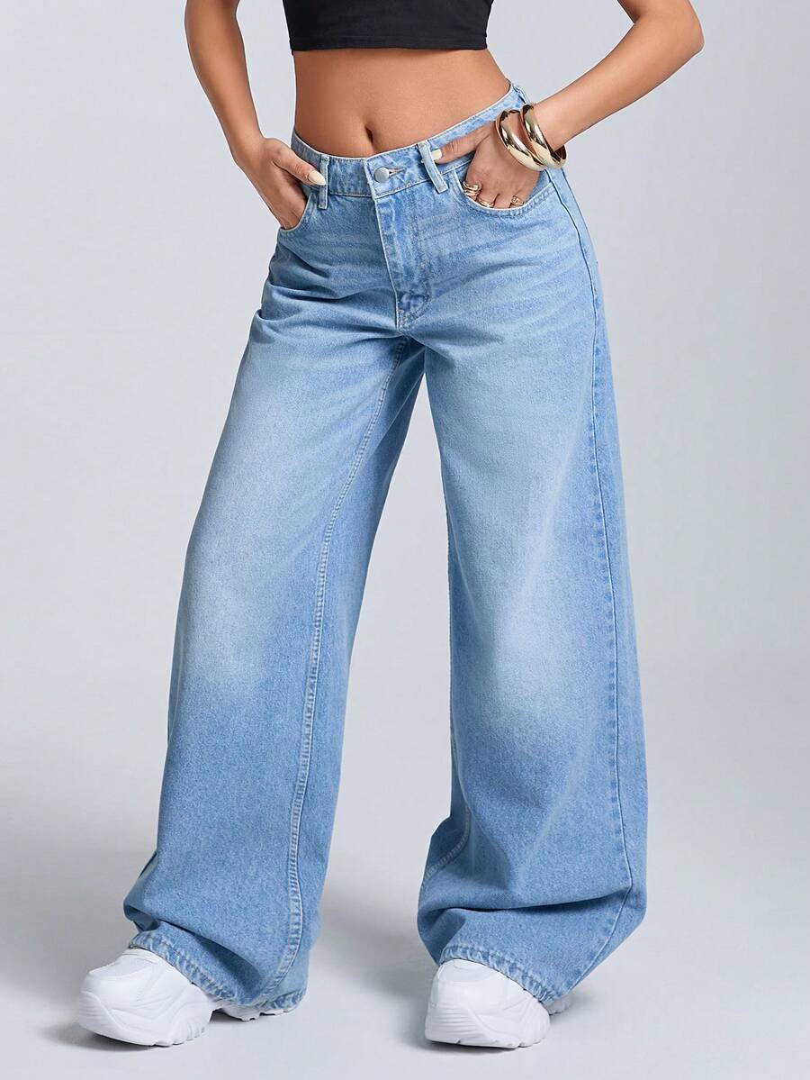 EURMUSE Blugi largi cu talie joasă pentru femei - Spălare medie - Vizualizare 1