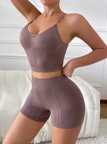 SHEIN 2 件套无缝女士内衣，可穿外衣 - 紅木色 - 查看 5