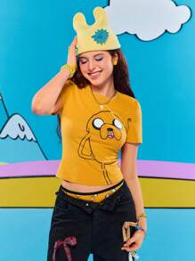 Adventure Time X ROMWE Camiseta ajustada con estampado gráfico lindo y divertido para mujeres, estilo Y2K - Amarillo - Ver 7