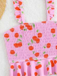 SHEIN Young Girl Tomato Striped Print Ruffle Strap Crop Top Tankini 2-Piece Swimsuit Set - Multicolor - View 5