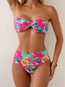 Swim Vcay 2025 花卉印花吊带露脐上衣和高腰短裤比基尼套装（可双面多穿），夏季海滩度假 - 彩色 - 查看 5