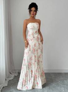 Elenzga Váy lưới chữ A hở vai in hoa thanh lịch lãng mạn cho nữ - Nhiều màu - Xem 3