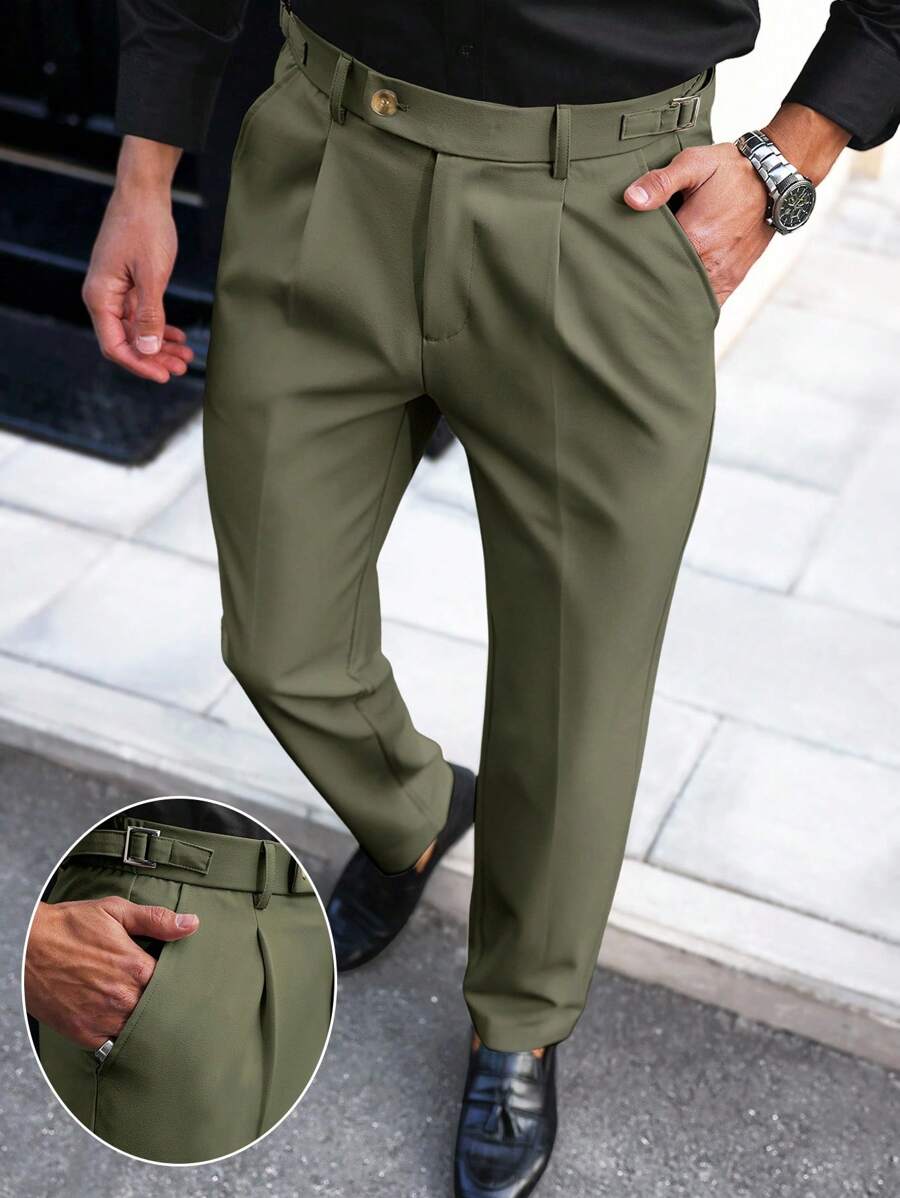 Manfinity Bizformal Pantalones casuales rectos y sueltos con bolsillo plisado de unicolor para hombres, pantalones verdes oliva, pantalones de traje plisados para hombres, otoño