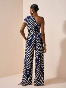 Zivah 2025 夏季新款假日优雅通勤单肩聚拢皇家蓝印花女式连体裤，日常旅行，休闲，朋友聚会，旅行，毕业装，早午餐装，返校，通勤，百搭