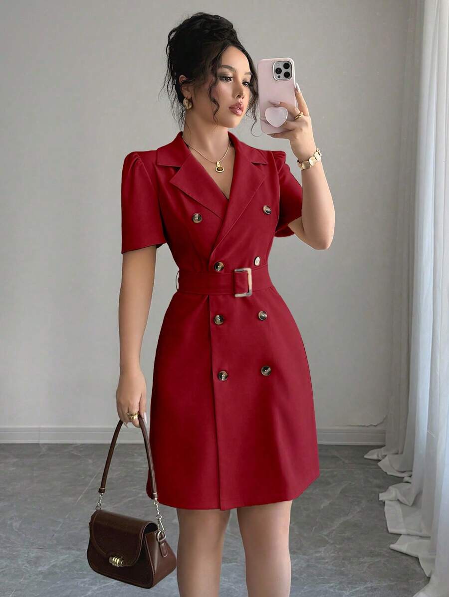 Rafferiza Women's Simple Solid Color Lapel Tie Waist Double Breasted Short Puff Sleeve Dress, Summer - Red - View 1