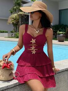 DAZY 女士春夏海滩度假金属花卉装饰镂空多层荷叶边下摆短款连衣裙 - 粉色 - 查看 2