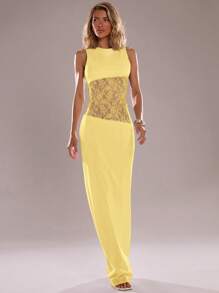 SHEIN BAE 无袖纯黑色紧身蕾丝拼接不对称透视连衣裙，性感度假连衣裙，透视连衣裙 - 黃色 - 查看 5