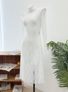 DAZY 女式高领蕾丝透视长开叉下摆衬衫，白色，春夏节日透明长袖女式上衣 - 白色 - 查看 10