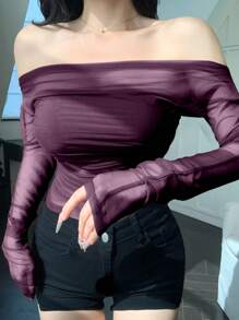 DAZY 女士弹力网纱透视紫色露肩上衣，春夏款，返校季长袖女式上衣，外出上衣 - 紫色 - 查看 4