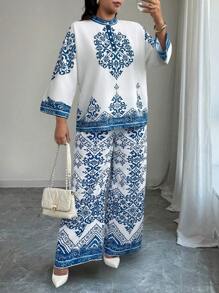 Elenzga 加大码女式衬衫长袖圆领纽扣领定位印花和直筒裤优雅休闲装 - 彩色 - 查看 4