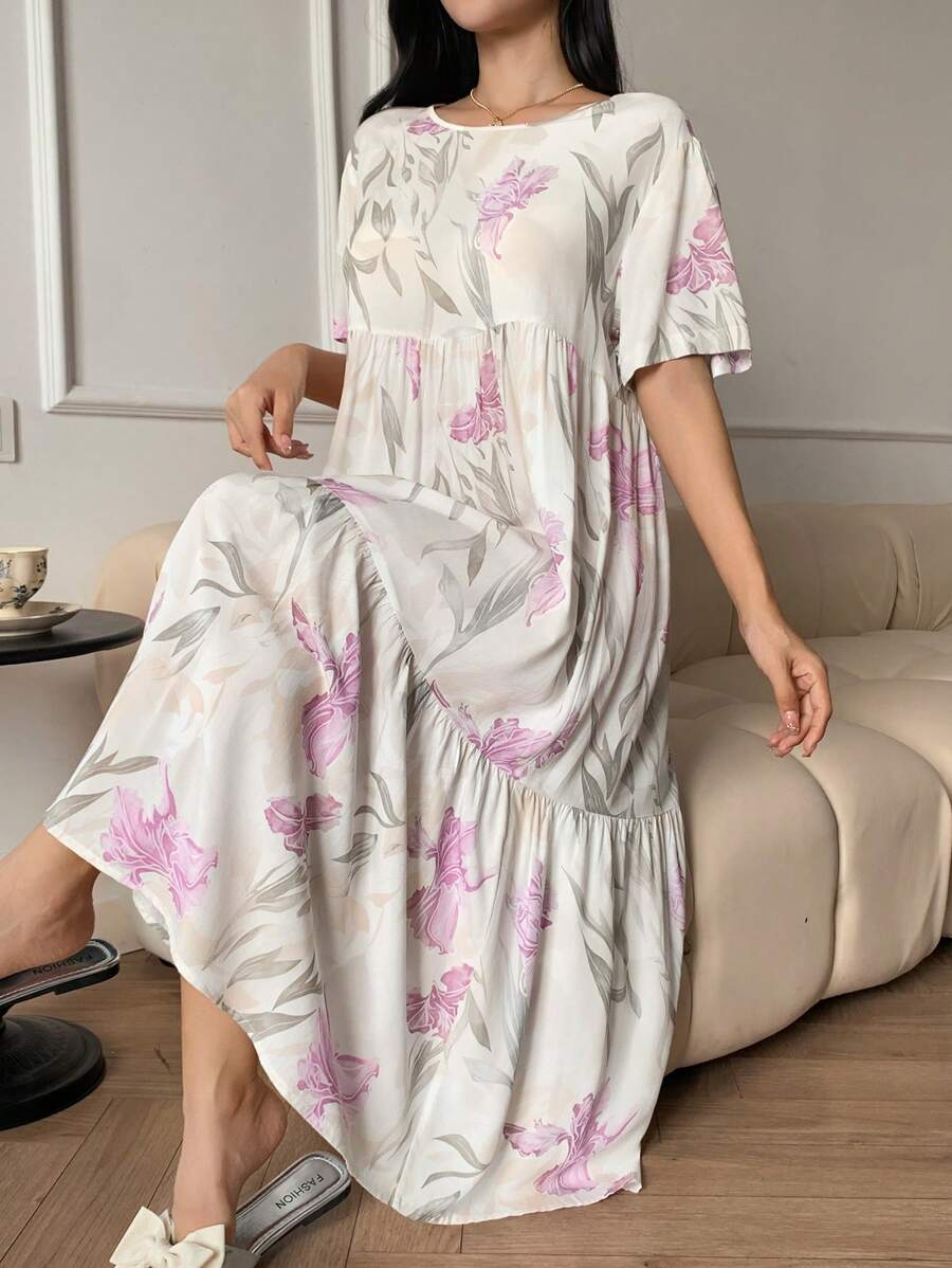 DAZY 女士花卉印花宽松短袖睡袍/睡衣裙，Moo Moo 睡衣裙 - 淺灰紫 - 查看 1