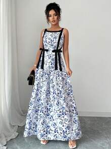 Elenzga 蓝色花卉印花度假风连衣裙，瓷器色撞色无袖长裙 - 藍色 - 查看 1