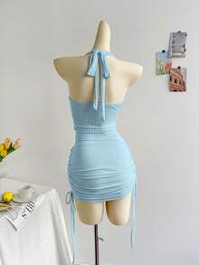 Soleia Bộ trang phục hai mảnh hở lưng cổ chữ V kết cấu mùa xuân/hè và váy ngắn xếp nếp, gợi cảm cho phụ nữ dự tiệc/hẹn hò/mùa hè, phù hợp cho kỳ nghỉ, lễ hội âm nhạc, phong cách Bohemian - Màu xanh nhạt - Xem 2