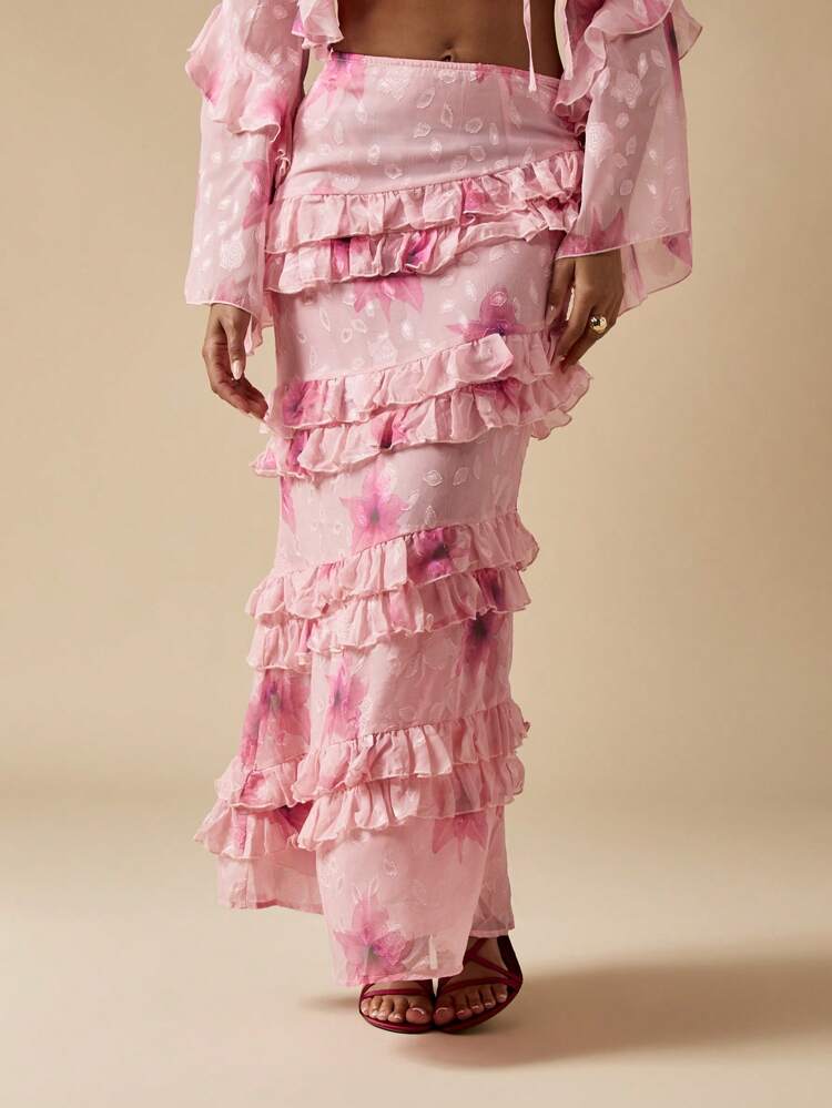 MISSGUIDED Floral Burnout Ruffle Maxi Skirt Spring Wedding Guest Event Formal Party Tiered Floor Length Mermaid Design