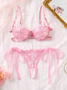 SHEIN Bộ 2 chiếc/Bộ đồ lót ren thêu màu xanh da trời gợi cảm cho nữ - Hồng - Xem 3