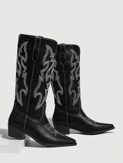 Daringsoles 女式尖头粗跟踝靴，西部一脚蹬靴，PU 刺绣中筒靴，休闲优雅，舒适马靴，黑色