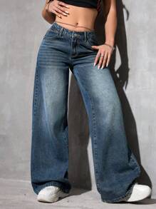 SHEIN PETITE Pantalones vaqueros anchos con pierna acampanada, bolsillos y estilo informal y holgado para mujeres - azul real - Ver 6