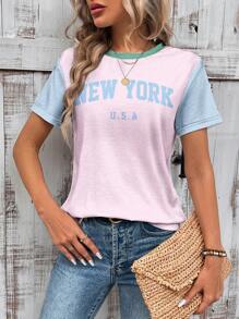 SHEIN LUNE 休闲简约条纹撞色英文字母印花宽松圆领短袖T恤女款，适合夏季，适合机场穿 - 彩色 - 查看 4