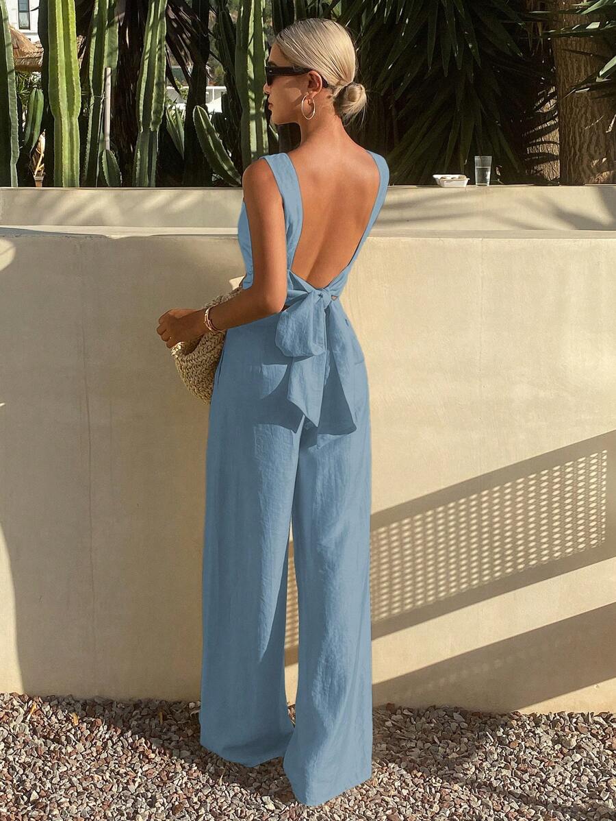 Livesso 2pcs Women Summer Solid Tie Back Sleeveless Shirt And Pants Set Vacation