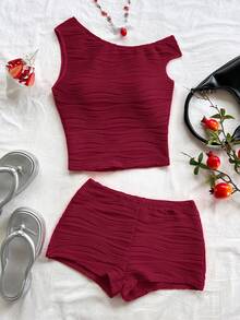 Soleia Women's 2Pcs Set Red Textured Knit Asymmetrical Neck Fitted Top And Super Low Waist Bodycon Shorts, Vacation, Party, Beach, Cruise, Holiday, Music Festival, Boho Style - Burgundy - View 5