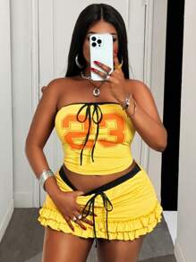 Slaydiva 2 件 2025 春夏新款街头服饰和性感风格，黄色对比黑色饰边，23 号图案，修身紧身胸衣，带装饰抽绳和多层荷叶边下摆迷你裙，大码女士 2 件套 - 黃色 - 查看 10