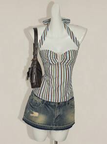 SHEIN ICON Striped Backless Halter Neck Top, Summer - Multicolor - View 6