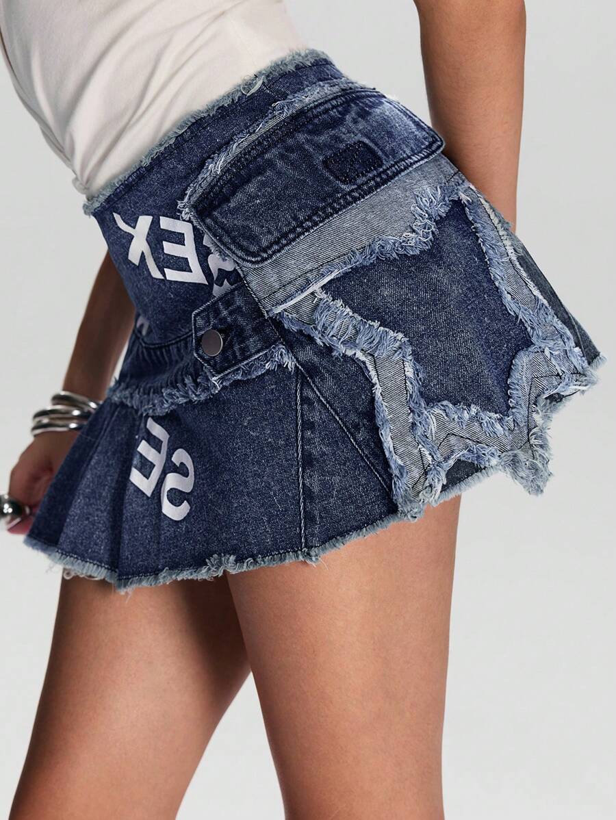 ROMWE Street Life Y2K 朋克流行垃圾摇滚口号印花复古水洗牛仔迷你裙 - 藍色 - 查看 1