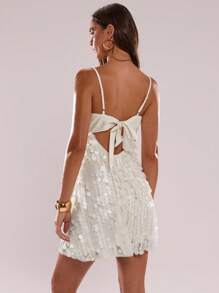 SHEIN BAE 女士纯色亮片前系带性感吊带迷你连衣裙 - 白色 - 查看 2