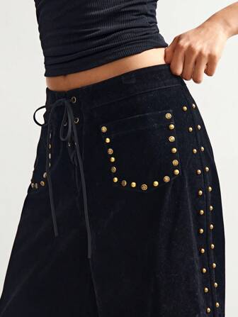 Bohemela Pantalones de mujer de verano/otoño, estilo vintage casual de unicolor, con detalles de tachuelas, cordones en la cintura, de suedette tejida, de pierna recta y holgada, estilo bohemio para vacaciones, adecuados para festivales de música, pantalones anchos con tachuelas, pantalones negros para mujer, pantalones de verano para mujer, pantalones azul marino