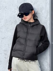 DAZY 青少年女孩休闲连帽夹克，秋冬，韩版风格 - 黑色 - 查看 6