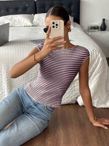 Siren Gaze 女士休闲条纹修身宽肩T恤，夏季 - 酒紅色 - 查看 9