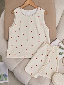 SHEIN 大码女式心形印花圆领无袖上衣和裙子两件套 - 杏色 - 查看 1