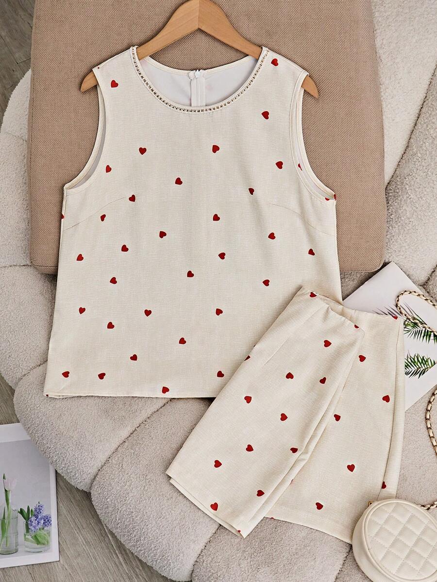 SHEIN 大码女式心形印花圆领无袖上衣和裙子两件套 - 杏色 - 查看 1