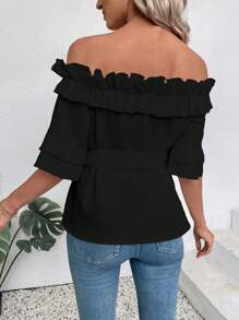 EMERY ROSE Camisa informal para mujer con hombros descubiertos y acabado de volantes en color blanco - Negro - Ver 2