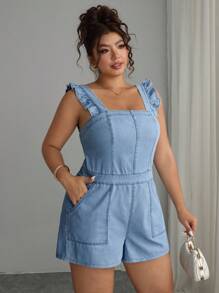 SHEIN EZwear Plus Size Women Patchwork Ruffle Pocket Denim Romper, Summer,Back To School - Blue - View 5