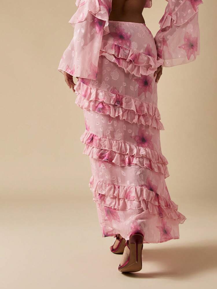 MISSGUIDED Floral Burnout Ruffle Maxi Skirt Spring Wedding Guest Event Formal Party Tiered Floor Length Mermaid Design