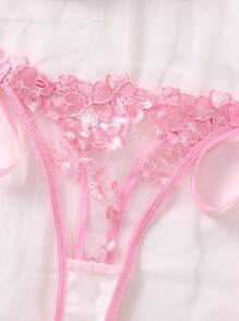 SHEIN Bộ 2 chiếc/Bộ đồ lót ren thêu màu xanh da trời gợi cảm cho nữ - Hồng - Xem 4