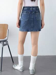 K-Vae Women's Summer Washed Blue Classic Hip Denim Skirt, Casual Split Denim Skirt, Graduation Season College Style, Daily School Commuting Skirt