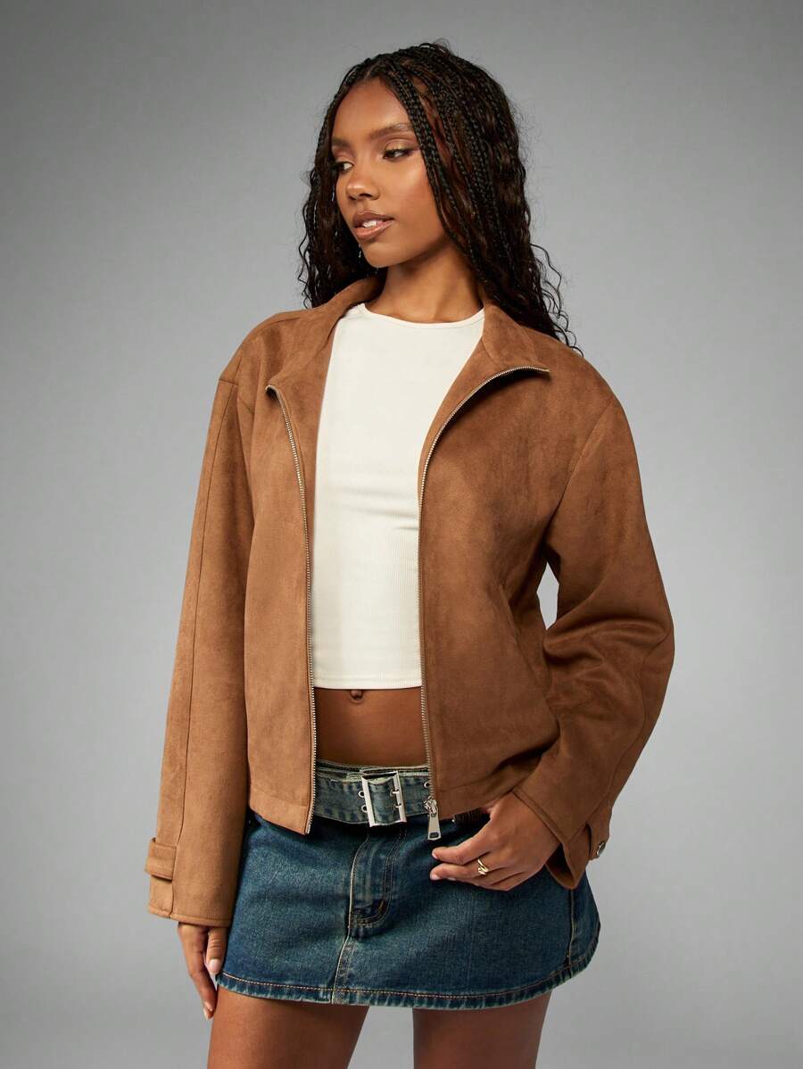 MISSGUIDED Suede Zip Front Bomber Fall Winter Fashion Soft Cropped Classic Jacket With Stand Collar Elastic Waistband Daily Casual Outerwear - Khaki - View 1