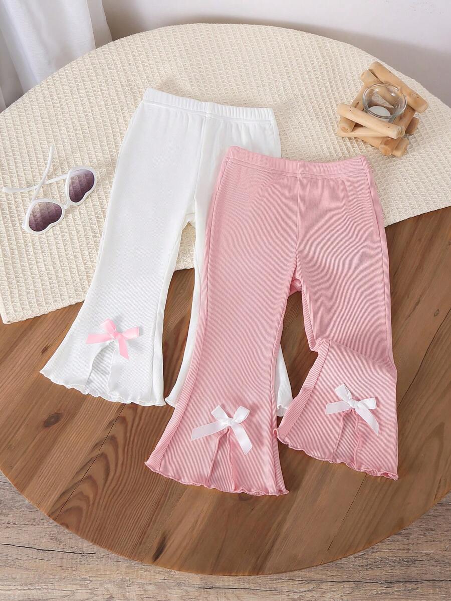 SHEIN Vintaside Kids 2 件套女婴休闲舒适黑色和卡其色不对称下摆裤带蝴蝶结装饰，夏季 - 白色 - 查看 1