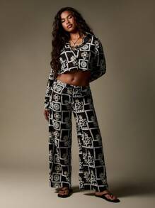 MISSGUIDED Bestickter schwarzer Palazzo Zweiteiler, Bohostil für Festivals, Sommer Strand, modernes geometrisches Muster für Urlaub Ferienzeit und Loungewear