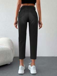 EURMUSE 100%Cotton Ripped Raw Hem Mom Fit Jeans - Black - View 2