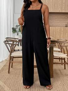 SHEIN Tall 大码女式沙滩风格纯色宽腿宽松连体裤