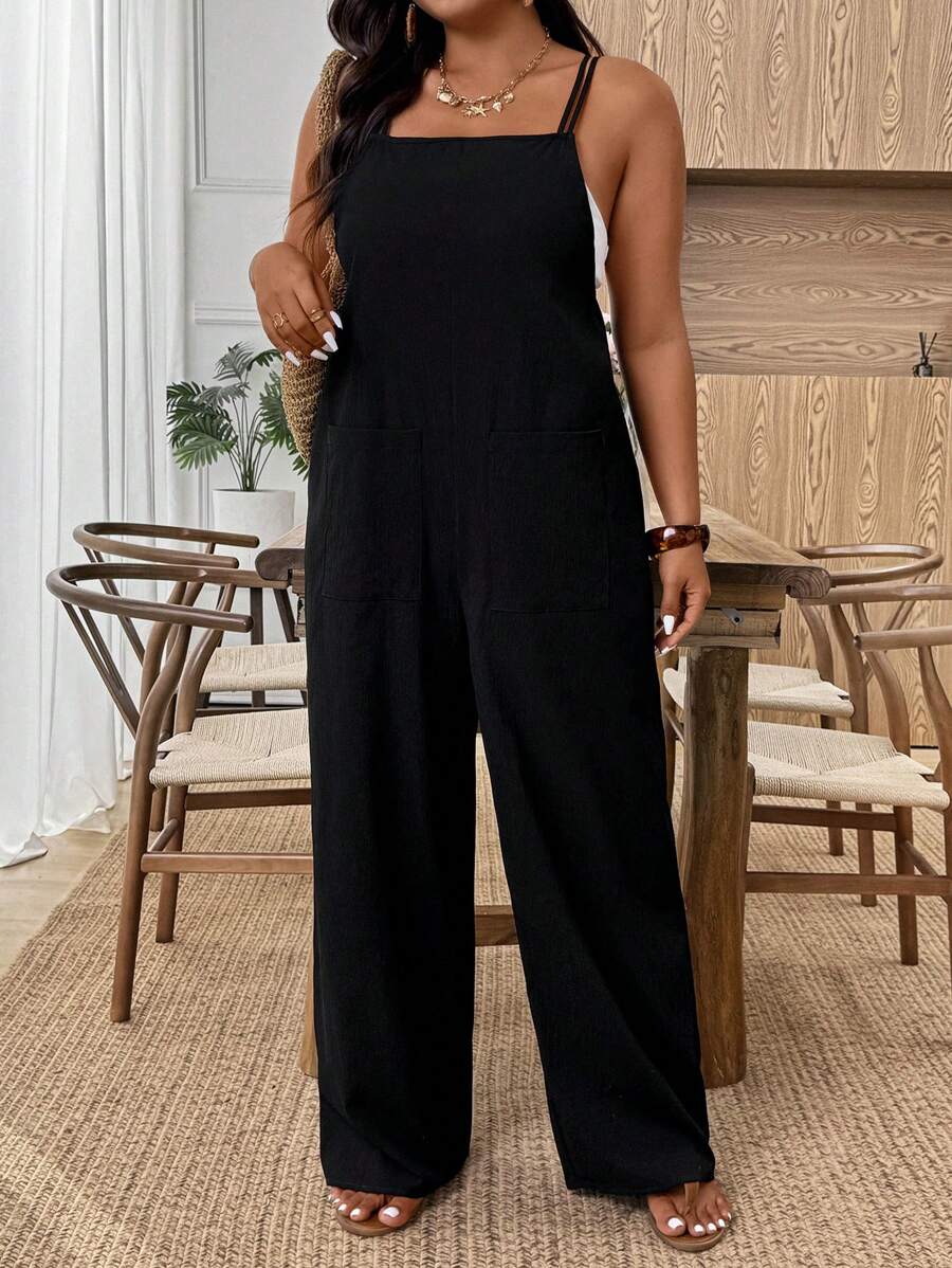 SHEIN Tall 大码女式沙滩风格纯色宽腿宽松连体裤